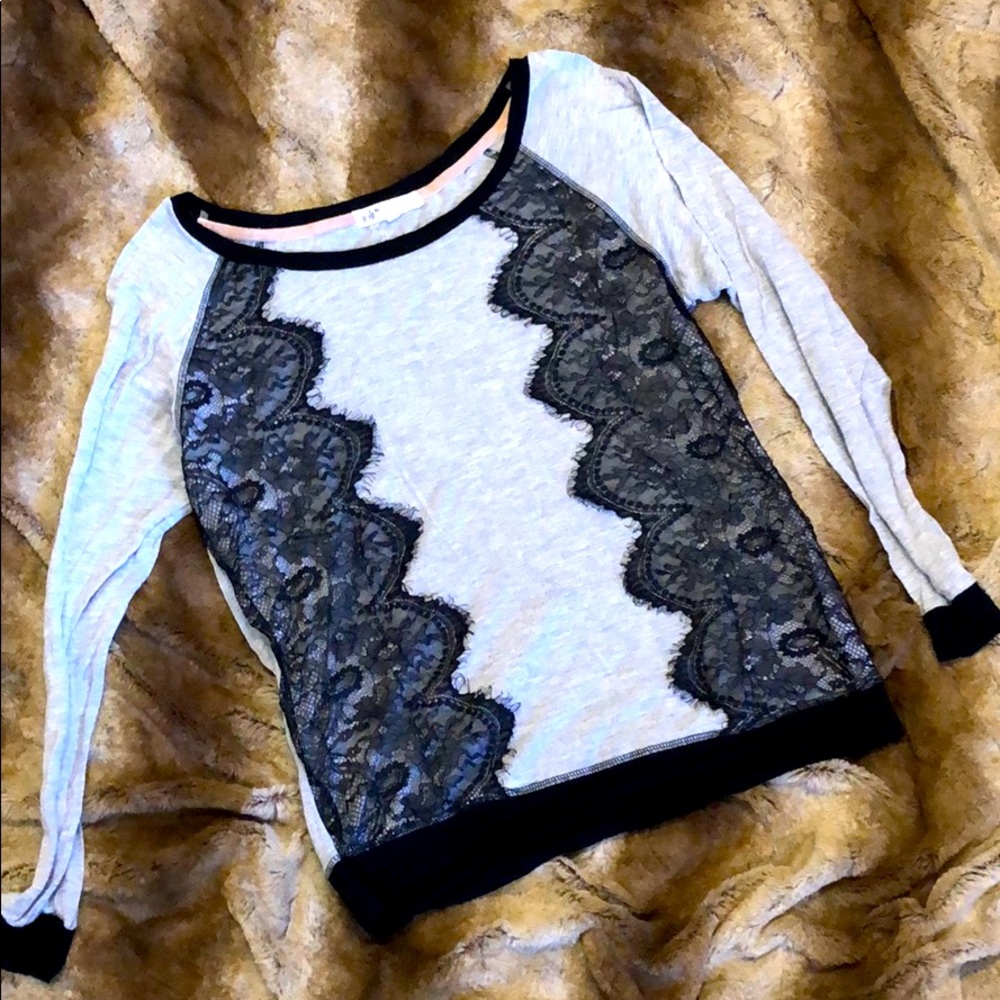 Grey long sleeve top with black lace trim